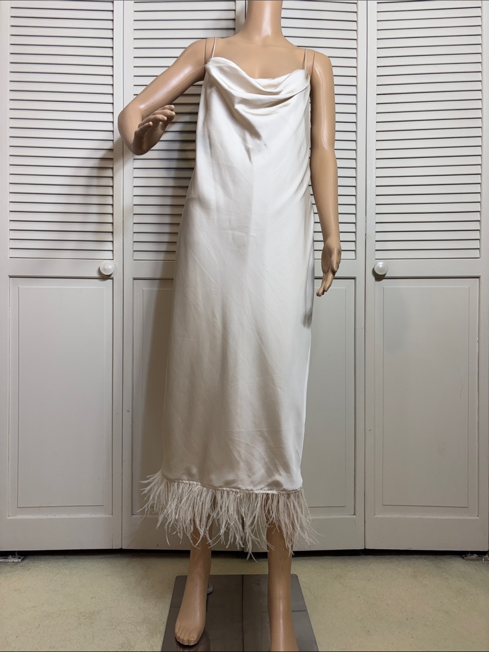 L'Academie White Feather-Hem Midi Slip Dress